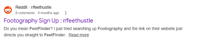 Reddit post from r/feethustle titled 'Footography Sign Up' asking whether Footography is the same as FeetFinder, noting the site's link redirects straight to FeetFinder