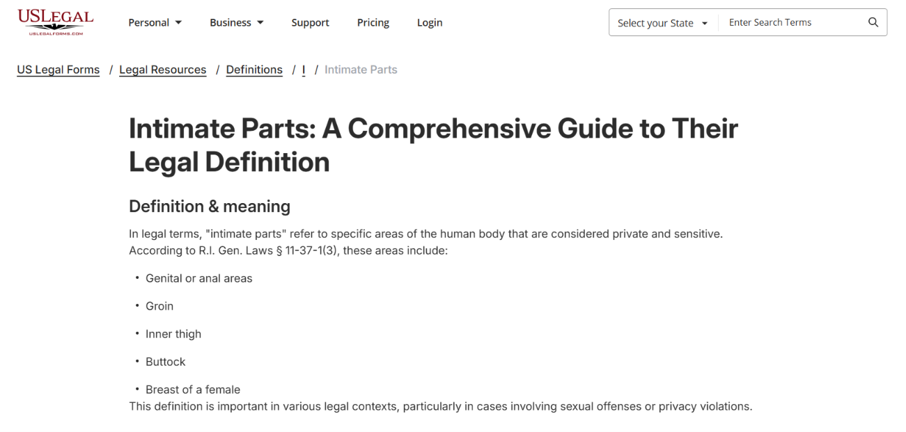 US Legal definition of Intimate Parts showing genital areas, groin, inner thigh, buttock and breast — feet are not included