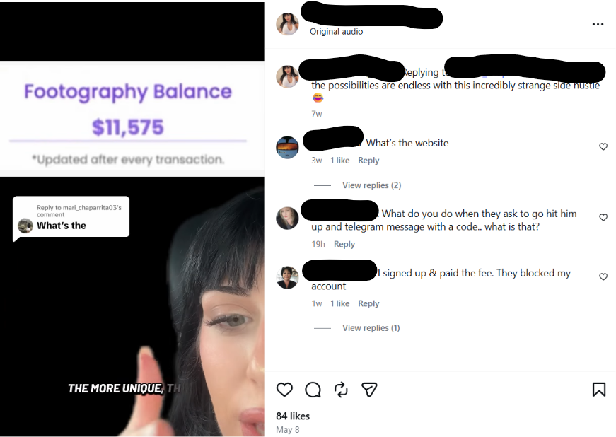 TikTok video showing a graphic reading 'Footography Balance $11,575' with comments below including one from a user who says they signed up and paid the fee, then got their account blocked