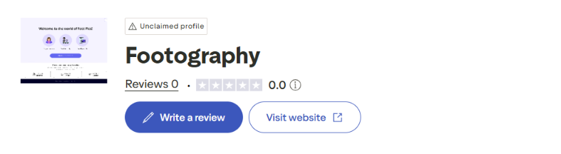 Trustpilot profile page for Footography showing an 'Unclaimed profile' badge, 0 reviews, and a 0.0 rating