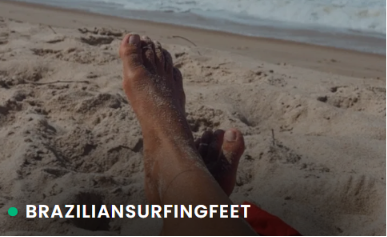 Real FeetFinder profile thumbnail showing sandy bare feet on a beach, with the username BRAZILIANSURFINGFEET displayed at the bottom