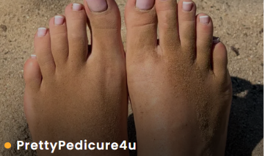 Real FeetFinder profile thumbnail showing sandy bare feet with white nail polish on a beach, username PrettyPedicure4u at the bottom