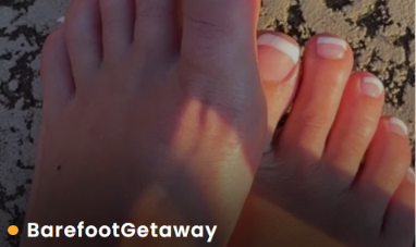 Real FeetFinder profile thumbnail showing two bare feet side by side on sand in sunlight, username BarefootGetaway at the bottom